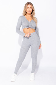 CO-ORD Set Loungewear Rib Ruched Front Crop Top & Leggings