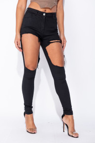 High Waisted Extreme Ripped Skinny Jeans Ash Black
