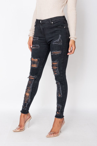 High Waisted Multi Ripped Skinny Jeans Ash Black