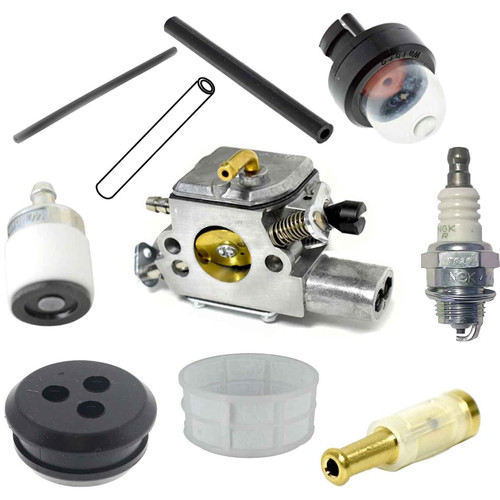 SHI 493 COMPLETE CARBURETOR AIR-OIL-FUEL FILTERS SPARK PLUG FUEL LINES PRIMER BULB KIT