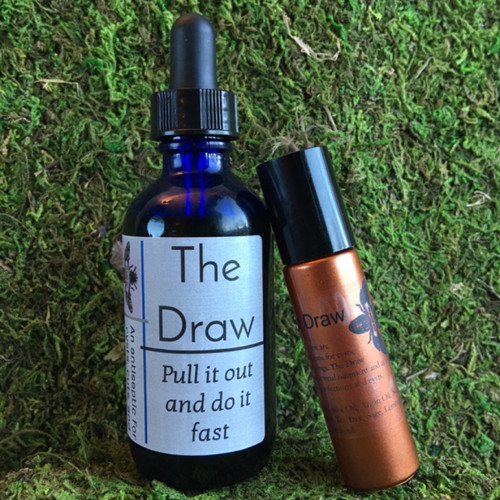 The Draw is for Cysts and infections and is also perfect anti-bacterial stick to carry for children's ouchies on the go. Ingredients: Hazelnut Oil, Castor Oil, Argan Oil, Neem Oil  Essential Oils: Tangerine, Tea Tree, Sage, Lemongrass, Patchouli