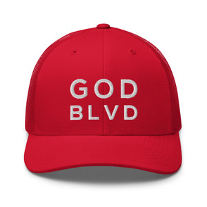 GOD BLVD - Red Retro Trucker Hat (White)