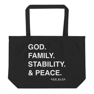 GODBLVD - (GFSP) God Family Stability Peace - Large Black Organic Tote Bag
