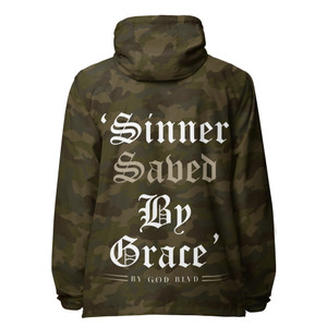 GOD BLVD - Sinner Saved by Grace - Camo Lightweight Zip Up Windbreaker GOD BLVD - Sinner Saved by Grace - Camo Lightweight Zip Up Windbreaker