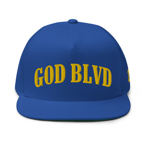 GOD BLVD - Arched - Royal Blue Flat Bill Cap - Yellow Gold Embroidery GOD BLVD - Arched - Royal Blue Flat Bill Cap - Yellow Gold Embroidery
