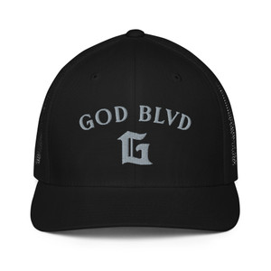 GOD BLVD - Arched G - Black/Grey - Closed-Back Trucker Cap GOD BLVD - Arched G - Black/Grey - Closed-Back Trucker Cap