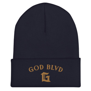 GOD BLVD - Arched G - Navy Cuffed Beanie - Old Gold Embroidered