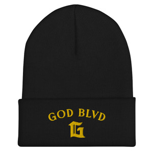 GOD BLVD - Arched G - Black Cuffed Beanie - Gold Embroidered
