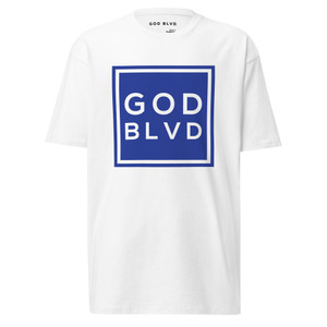 GOD BLVD - OG Logo Sign - White Premium Tee - Blue Print GOD BLVD - OG Logo Sign - White Premium Tee - Blue Print