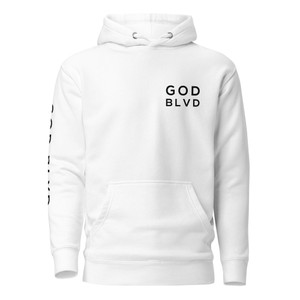 GOD BLVD - White Premium Hoodie - Black Print (Left Chest / Right Arm)