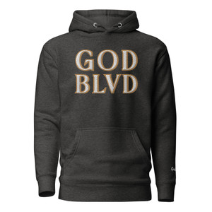 GOD BLVD - Embroidered Logo - Charcoal Heather Premium Hoodie (White/OldGold)