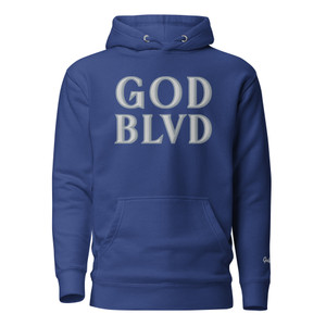 GOD BLVD - Embroidered Logo - Blue Premium Hoodie (White/Grey)