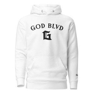 GOD BLVD - Embroidered Arched with Capital G - White Premium Hoodie - Black GOD BLVD - Embroidered Arched with Capital G - White Premium Hoodie - Black