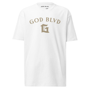 GOD BLVD - Arched with Capital G - White Premium Tee - Beige GOD BLVD - Arched with Capital G - White Premium Tee - Beige