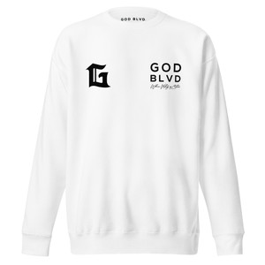 GOD BLVD - G Victory - White Premium Sweatshirt - Front/Back Black Print GOD BLVD - G Victory - White Premium Sweatshirt - Front/Back Black Print
