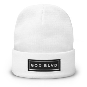 GOD BLVD - Signage - White Beanie - Black/White Embroidered GOD BLVD - Signage - White Beanie - Black/White Embroidered