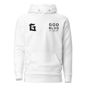 GOD BLVD - G Victory - White Premium Hoodie - Front/Back Black Print GOD BLVD - G Victory - White Premium Hoodie - Front/Back Black Print