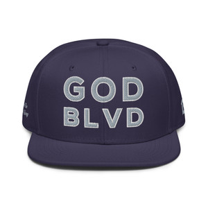 GOD BLVD - Navy Snap Back - Grey/White All Sides Embroidered - To God Be All The Glory