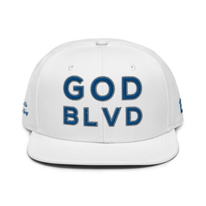 GOD BLVD - White Snap Back - Blue/Grey All Sides Embroidered - To God Be All The Glory