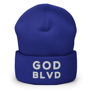 GOD BLVD - OG Logo - Blue Cuffed Up Beanie - White/Grey Embroidered GOD BLVD - OG Logo - Blue Cuffed Up Beanie - White/Grey Embroidered