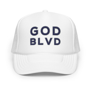 GOD BLVD - OG Logo - White Foam Trucker Hat - Navy/Grey Embroidered GOD BLVD - OG Logo - White Foam Trucker Hat - Navy/Grey Embroidered