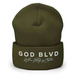 GOD BLVD - Victory - Olive Green Cuffed Beanie - White/Grey Embroidered