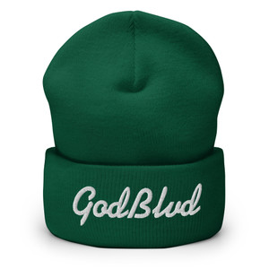 GOD BLVD - Cursive - Green Cuffed Beanie - White Embroidered GOD BLVD - Cursive - Green Cuffed Beanie - White Embroidered
