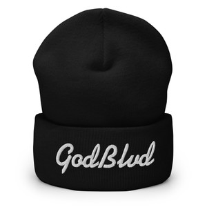 GOD BLVD - Cursive - Black Cuffed Beanie - White Embroidered GOD BLVD - Cursive - Black Cuffed Beanie - White Embroidered