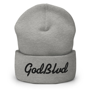 GOD BLVD - Cursive - Heather Grey Cuffed Beanie - Black Embroidered GOD BLVD - Cursive - Heather Grey Cuffed Beanie - Black Embroidered