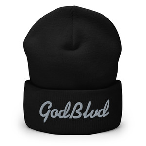 GOD BLVD - Cursive - Black Cuffed Beanie - Gray Embroidered  GOD BLVD - Cursive - Black Cuffed Beanie - Gray Embroidered