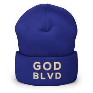 GOD BLVD - OG Logo - Blue Cuffed Up Beanie - White/Old Gold Embroidered  GOD BLVD - OG Logo - Blue Cuffed Up Beanie - White/Old Gold Embroidered