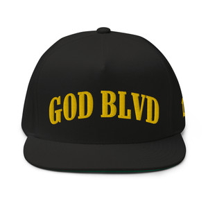GOD BLVD - Arched - Black Flat Bill Cap - Yellow Gold Embroidery GOD BLVD - Arched - Black Flat Bill Cap - Yellow Gold Embroidery
