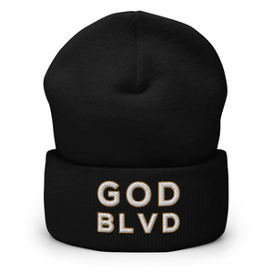 GOD BLVD - OG Logo - Black Cuffed Up Beanie - White/Old Gold Embroidered GOD BLVD - OG Logo - Black Cuffed Up Beanie - White/Old Gold Embroidered