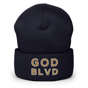GOD BLVD - OG Logo - Navy Blue Cuffed Up Beanie - Old Gold/White Embroidered  GOD BLVD - OG Logo - Navy Blue Cuffed Up Beanie - Old Gold/White Embroidered