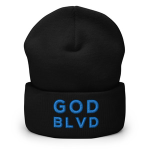 GOD BLVD - OG Logo - Black Cuffed Up Beanie - Aqua Teal/Blue Embroidered