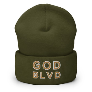 GOD BLVD - OG Logo - Olive Green Cuffed Up Beanie - Old Gold/White Embroidered GOD BLVD - OG Logo - Olive Green Cuffed Up Beanie - Old Gold/White Embroidered