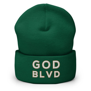 GOD BLVD - OG Logo - Spruce Green Cuffed Up Beanie - White/Old Gold Embroidered GOD BLVD - OG Logo - Spruce Green Cuffed Up Beanie - White/Old Gold Embroidered