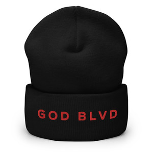 GOD BLVD - Straight Logo - Black Cuffed Up Beanie - Red Embroidered