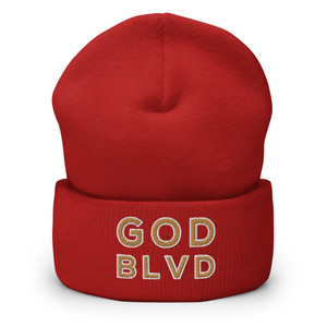 GOD BLVD - OG Logo - Red Cuffed Up Beanie - Old Gold/White Embroidered GOD BLVD - OG Logo - Red Cuffed Up Beanie - Old Gold/White Embroidered