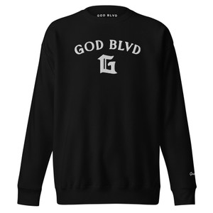 GOD BLVD - Arched with Capital G - Black Premium Sweatshirt - White Embroidered GOD BLVD - Arched with Capital G - Black Premium Sweatshirt - White Embroidered