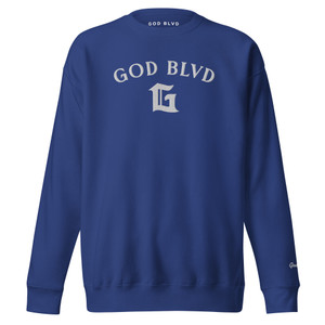 GOD BLVD - Arched with Capital G - Blue Premium Sweatshirt - White Embroidered GOD BLVD - Arched with Capital G - Blue Premium Sweatshirt - White Embroidered