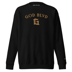 GOD BLVD - Arched with Capital G - Black Premium Sweatshirt - Old Gold Embroidered GOD BLVD - Arched with Capital G - Black Premium Sweatshirt - Old Gold Embroidered