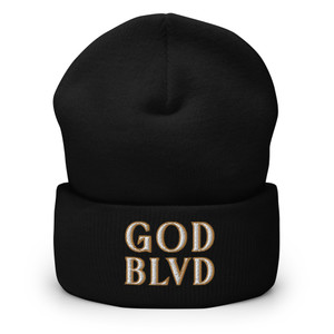 GOD BLVD - Embroidered Secondary Logo - Black Cuffed Beanie - White/Old Gold