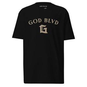 GOD BLVD - Arched with Capital G - Black Premium Tee - Beige Print GOD BLVD - Arched with Capital G - Black Premium Tee - Beige Print