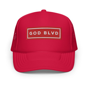GOD BLVD - Red Foam Trucker Hat - Red/White Gold Sign