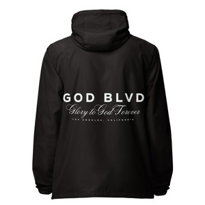 GOD BLVD - God Forever - Black Lightweight Zip Up Windbreaker - Front/Back White Print GOD BLVD - God Forever - Black Lightweight Zip Up Windbreaker - Front/Back White Print