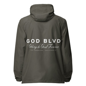 GOD BLVD - God Forever - Graphite Lightweight Zip Up Windbreaker - Front/Back White Print GOD BLVD - God Forever - Graphite Lightweight Zip Up Windbreaker - Front/Back White Print