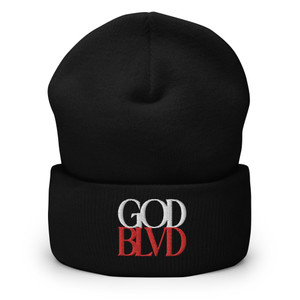 GOD BLVD - Secondary Logo - Black Cuffed Beanie - White/Red