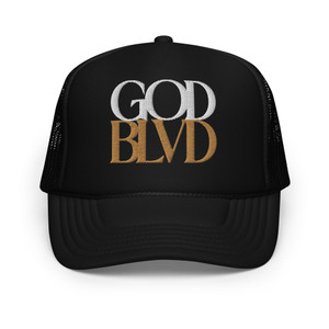 GOD BLVD - Secondary Logo - Black Foam Trucker Hat - White/Old Gold GOD BLVD - Secondary Logo - Black Foam Trucker Hat - White/Old Gold