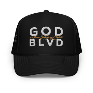 GOD BLVD - Where Victory is Certain - Black Foam Trucker Hat - White/Old Gold Embroidered